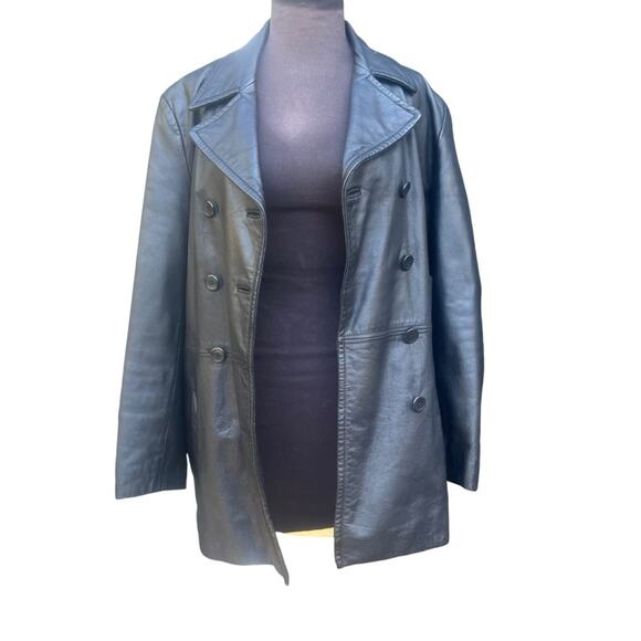 Vtg Double Breasted Classic Minimalist Capsule Soft Leather Coat Womens Size L - Picture 3 of 8